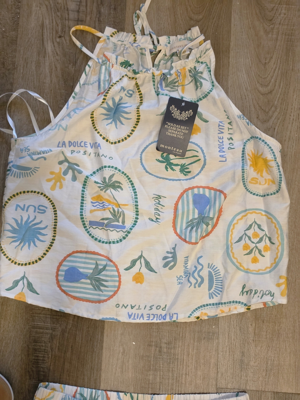 Monteau White Sun & Palm Print Two-Piece Pajama Set-Med - Picture 4 of 6